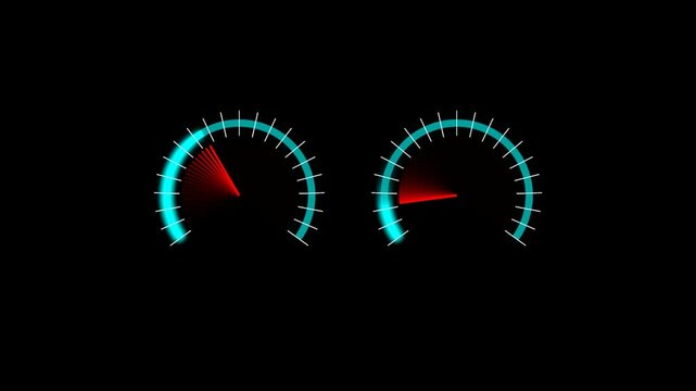 Glowing blue digital hud speedometers with moving red needles on a dark background motion graphic