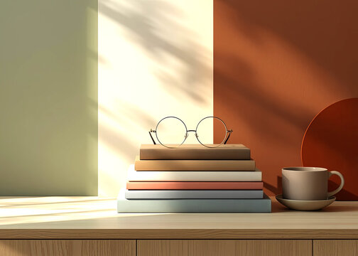 Glasses on a stack of books and a coffee cup.