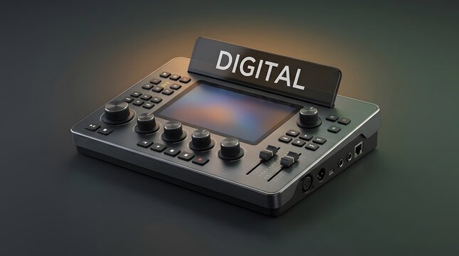 Digital audio console, professional music workstation and mixing board for sound production, recording studio and media. Electronic hardware, dj controller and broadcast gear for creative podcasting