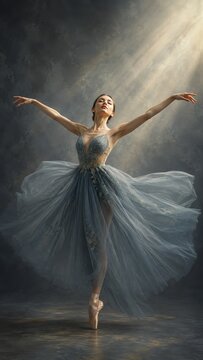 Graceful ballerina dances en pointe in a flowing blue gown beneath dramatic soft light