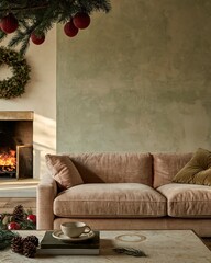 Fototapeta premium Pink fabric sofa in a cozy living room with a burning fireplace and festive decorations, for home decor and seasonal lifestyle marketing