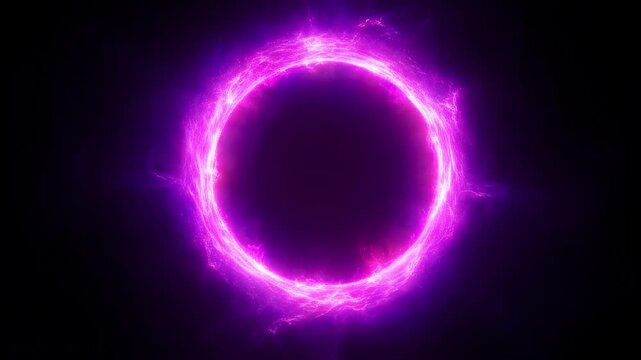 Glowing purple electric ring pulses and rotates on a dark background. Abstract background features electric ring and energy circle with rhythmic movement.