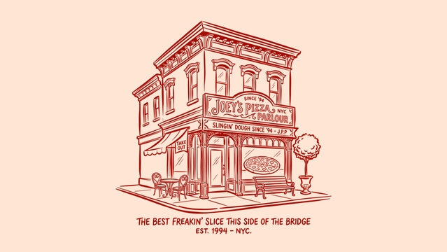 Red line art illustration of a classic New York City pizza parlor storefront with vintage architecture, Joey's Pizza Parlour sign, outdoor seating, and nostalgic urban vibes.