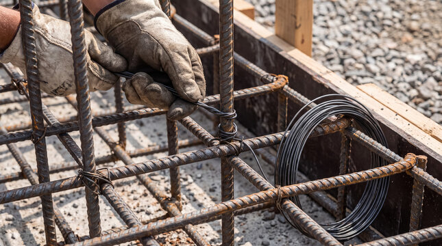 Construction worker hands tying steel rebar with wire, creating a strong foundation for building development