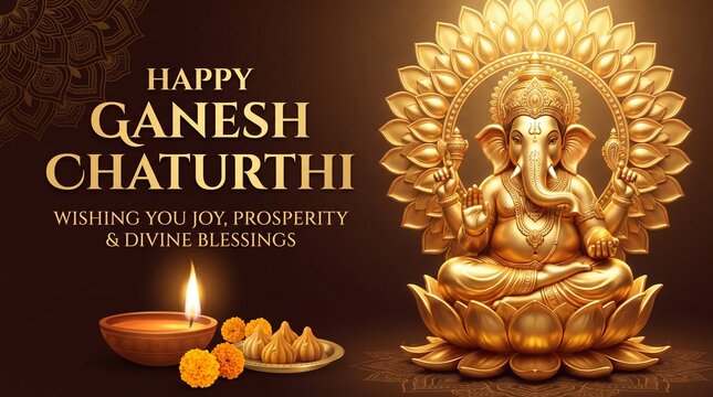 Golden Lord Ganesha idol with diya and flowers for Happy Ganesh Chaturthi festival celebration background