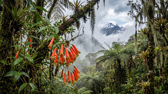 Vibrant orange flowers bloom beautifully within the lush green tropical cloud forest overlooking snowy mountain peaks