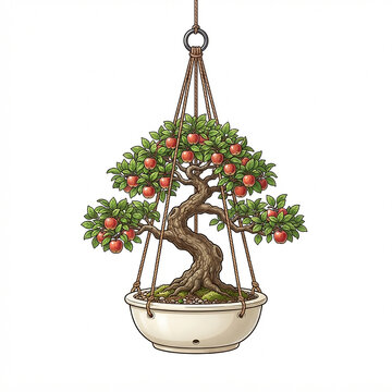 Small apple bonsai tree in a hanging pot