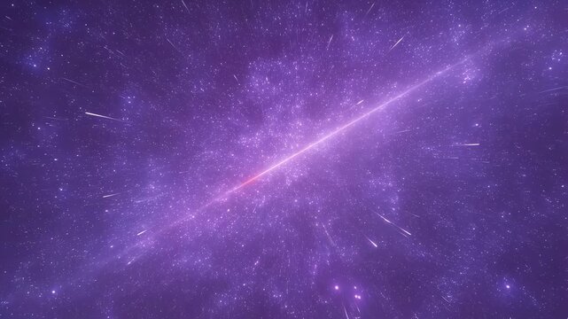 Glowing purple light streak moves through a diffuse nebula-like background with radiating particle trails. Abstract backdrop shaped by flowing motion, energy flow and cosmic particles.