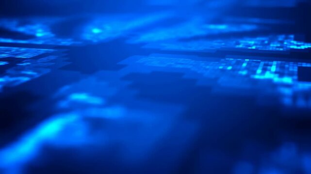 Glowing blue digital circuit board surface with flowing light and blurred depth effects. Abstract background features digital circuit patterns and microchip layout with rhythmic movement.