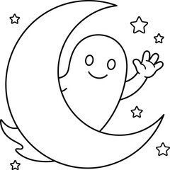 Obraz premium Cute little ghost waving hand while sitting on a crescent moon with stars for coloring page