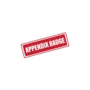 A red rectangular rubber stamp with the words appendix badge written in bold white capital letters, isolated on a clean white background surface isolated on a transparent background