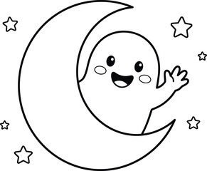 Obraz premium Cute happy little ghost sitting on a crescent moon with stars for children coloring page