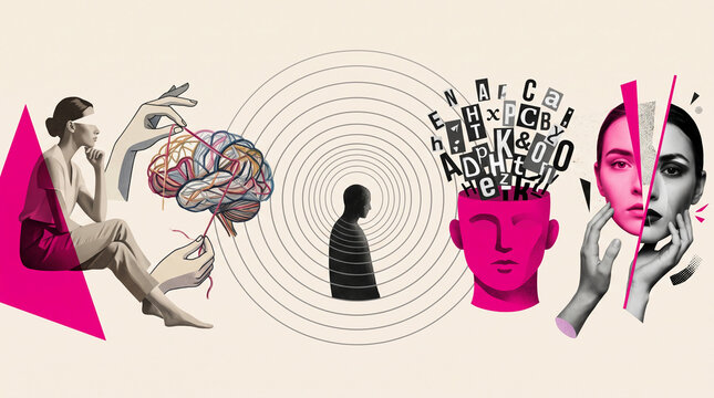 Collage depicting fragmented human figures and a brain, symbolizing mental processes, thought, and emotional states, representing introspection and complexity.