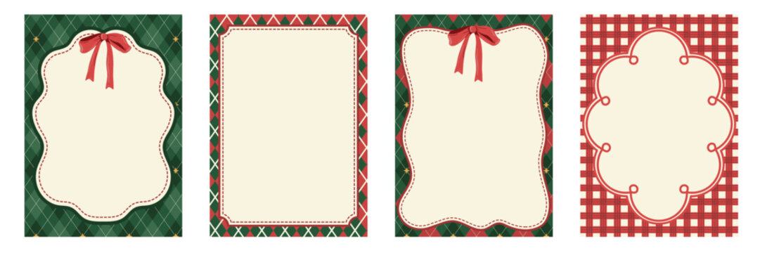Whimsical coquette Christmas frame collection with red ribbons and festive line art borders. for holiday greeting card, party invitation, and gift tag design vector.