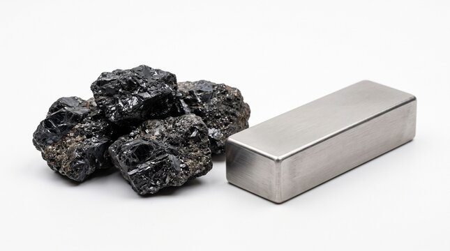 A realistic collection of titanium materials featuring ilmenite, rutile, raw titanium ore, crushed minerals, concentrate, titanium sponge, pellets, granules, billets, ingots, and metal scrap. Isolated
