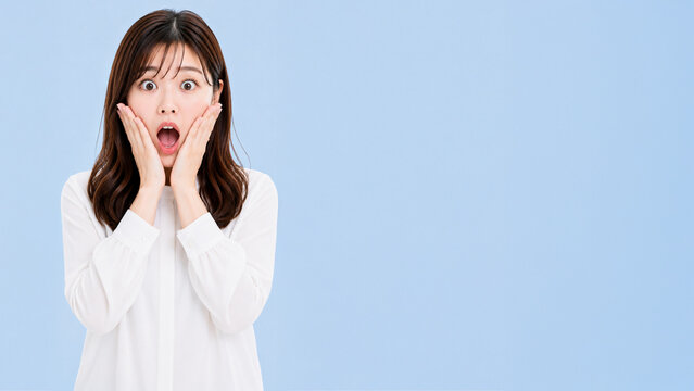 Surreal Double Face Shocked Woman with Copy Space on Blue Background