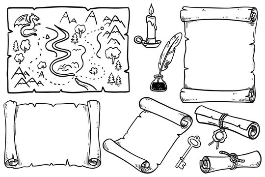 Hand drawn set of ancient treasure map and scrolls