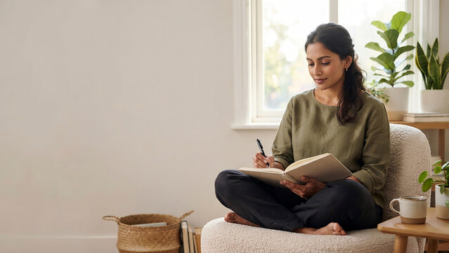 Woman Writing in a Journal While Practicing Mindfulness at Home