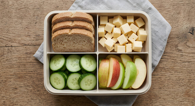 Lunchbox mit klar getrennten vertrauten Lebensmitteln