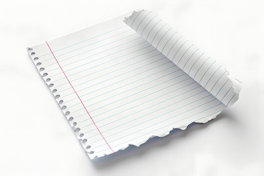 Torn white lined notebook paper sheet with blue lines and binder holes for school and office journaling.