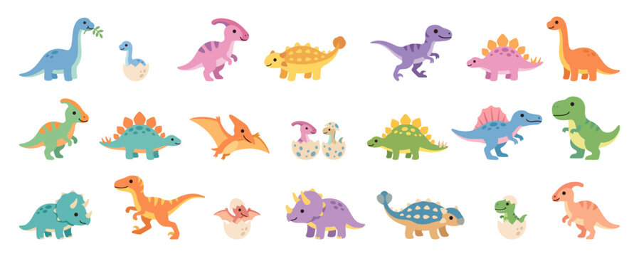 Cute dinosaur character cartoon set featuring baby reptiles hatching from eggs | Flat vector illustration graphics