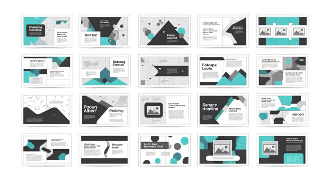 Modern brochure and presentation template designs with geometric shapes and teal accents
