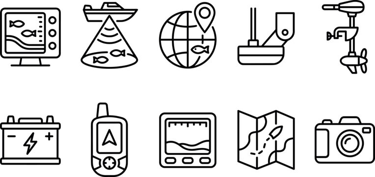Marine electronics line icon set vector illustration of boat sonar fish finder navigation gps transducer battery outboard motor map camera equipment collection