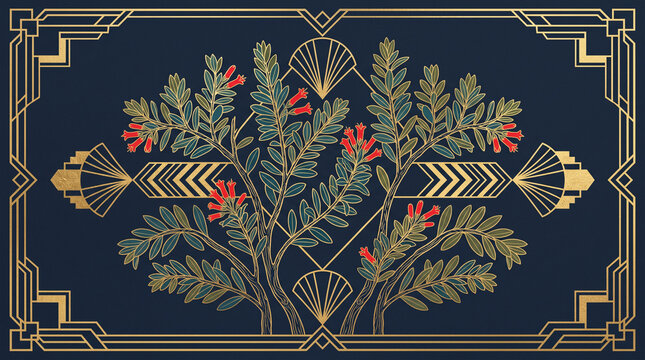 Elegant art deco botanical illustration featuring golden geometric frames and vibrant red flowering plant branches centered
