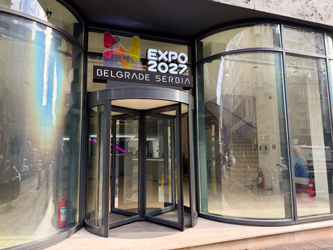 29 January 2026, Belgrade, Serbia: Colorful welcome sign promotes Expo 2027, celebrating innovation and global connection