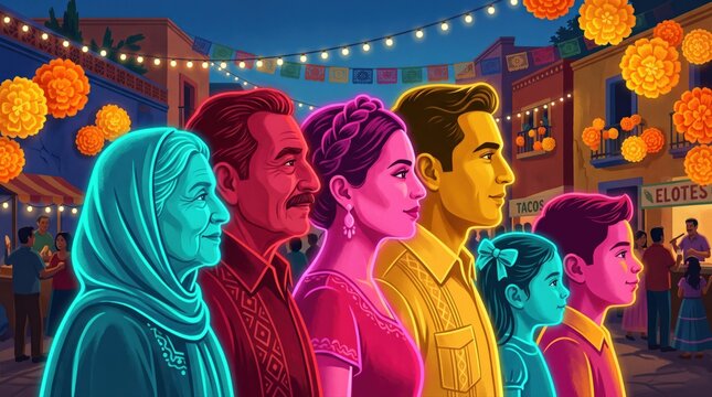 A multi-generational Hispanic family celebrates their vibrant cultural heritage. This lifestyle scene depicts community and tradition at a lively outdoor festival.