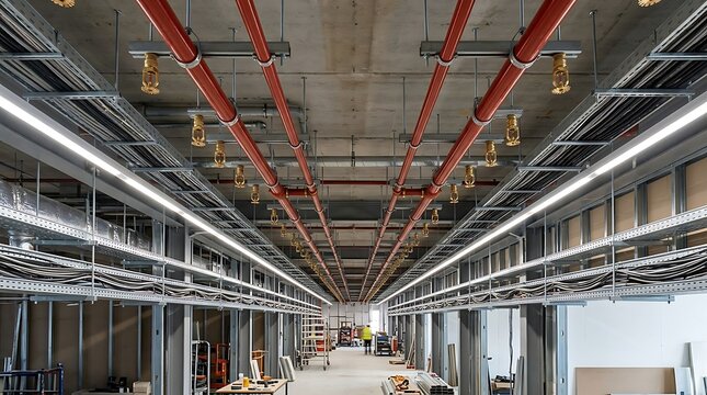 Symmetrical perspective of a building construction site with exposed red pipes, cable trays, and geometric alignment
