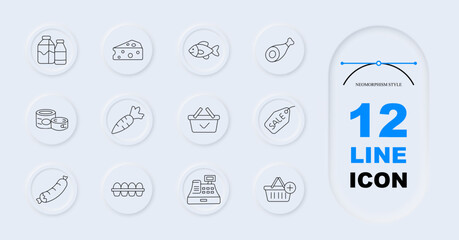 Fototapeta premium Grocery set icon. Milk, cheese, fish, meat, carrot, eggs, canned food, basket, cashier, supermarket, nutrition, farming, retail, fresh ingredients, shopping service.