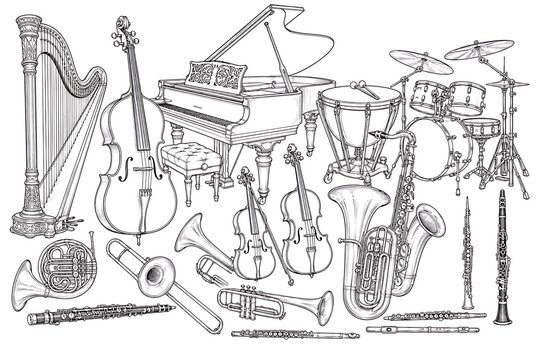 engraved orchestral instruments, orchestral instrument collage, musical instruments, orchestra, classical music, symphony orchestra, vintage instruments, antique instruments, string instruments, violi