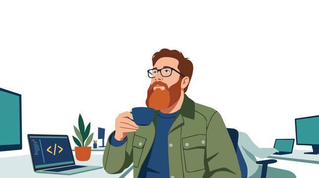 Software developer with beard drinking coffee at workstation flat vector illustration for web development and it career branding
