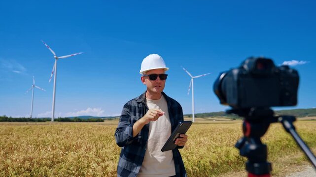 Man stands in field with wind turbines and speaks to camera during daytime. A man talks to a camera while holding a tablet in a field with wind turbines.
