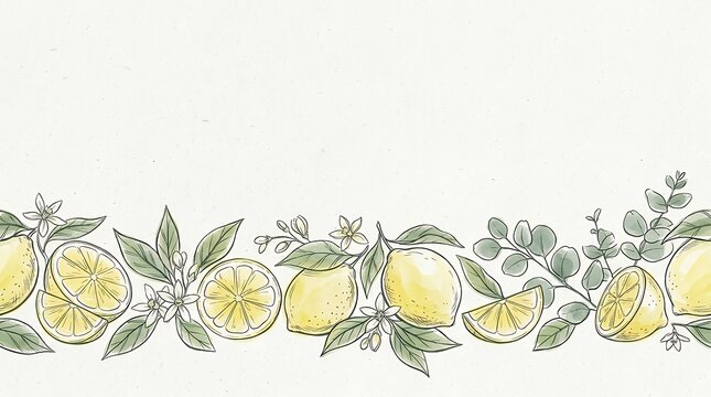 Fresh Yellow Citrus Fruit Slices And Green Botanical Leaves Horizontal Bottom Edge Frame Design Drawn In Artistic Line Style For Restaurant Menu Layout Food Packaging Labels Catering Banner And Fresh