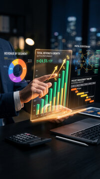 Financial data analysis with interactive charts and graphs, showcasing business growth and project timelines, representing strategic planning and success.