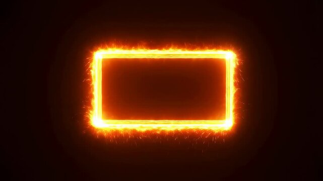 Glowing fiery rectangular frame flickers and emits sparks on a dark background. Flowing visual background for video overlays and highlighting content.