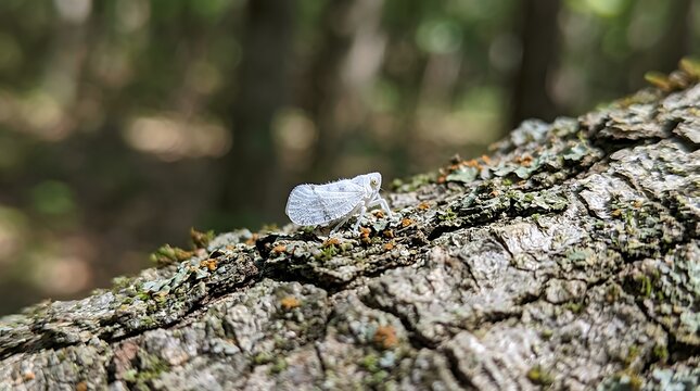 Tiny white citrus flatid planthopper bug perched on natural tree bark in outdoor environment leafhopper bug insect pest wildlife nature tree bark fauna small white macro close up zoology plant garden