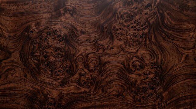 Dark walnut burl wood veneer texture with rich swirling natural grain pattern