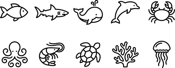 Obraz premium Marine wildlife ocean seafood restaurant aquarium diving cruise travel linear icon set outline vector graphic design for application website presentation dashboard layout