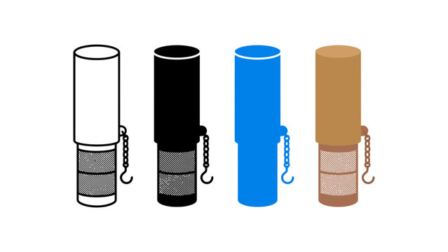 Industrial cylindrical sensor vector set, 4 electronic proximity sensors with metal chain hooks, technical hardware icons