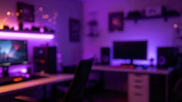 Neon purple gaming room background, blurred esports setup with RGB lighting, professional streamer workstation with dual monitors