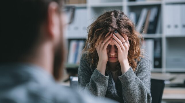 Stressed and depressed patient seeking help from psychiatrist with mental illness and depression in office during mental therapy session. Mental health treatment and medical care concept. Unveiling
