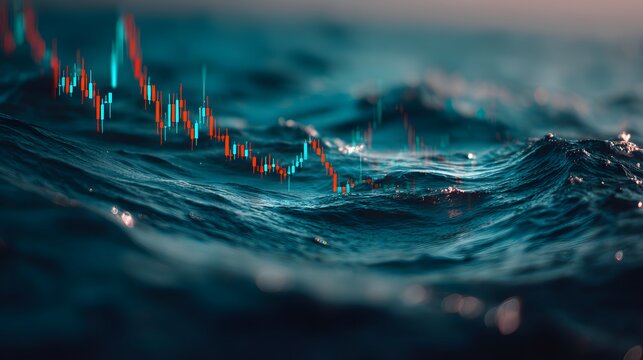 Stock market chart superimposed on turbulent ocean waves, symbolizing financial volatility
