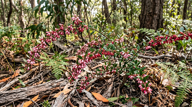Delicate pink native australian epacris flowers blooming gracefully on slender green stems in wild forest brush