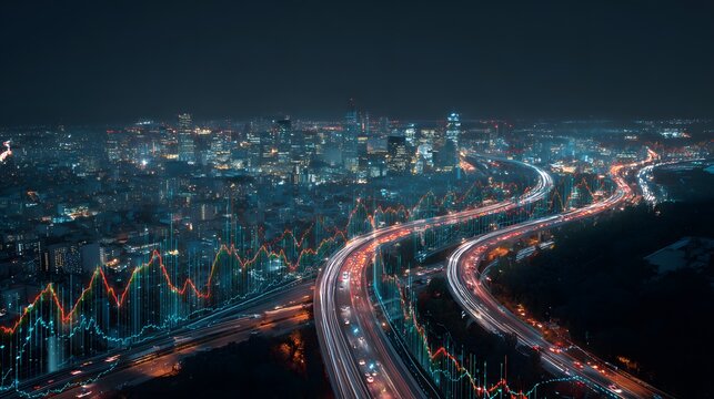 Financial market data overlay on a bustling city highway at night