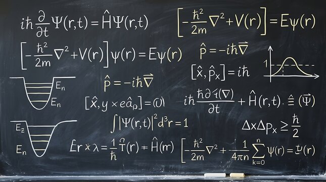 Educational science blackboard textured background overlayed with hand drawn quantum physics mathematical formulas and equations quantum physics formulas blackboard chalkboard equations math science