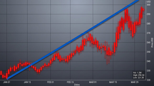 Candlestick chart showing upward financial trend with blue diagonal line, signifying growth and investment, representative of market analysis
