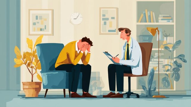 Stressed and depressed patient seeking help from psychiatrist with mental illness and depression in office during mental therapy session. Mental health treatment and medical care concept. Unveiling